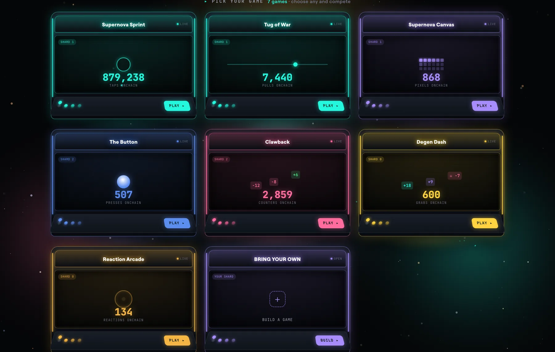 The Supernova Arcade cabinets — Sprint, Tug of War, Canvas, The Button, Clawback, Degen Dash, Reaction, and an open slot to bring your own game.