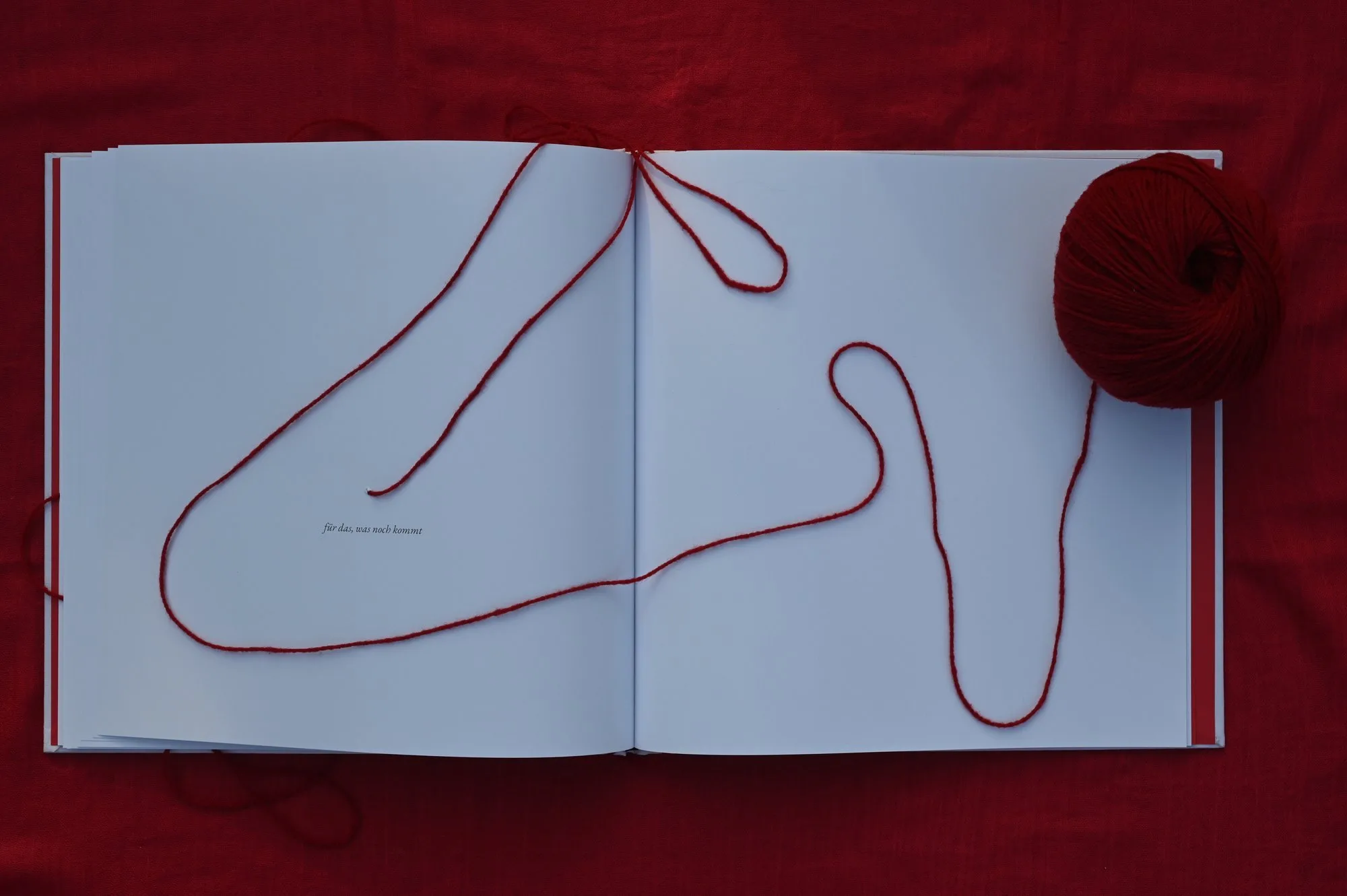 The final spread — the red thread stitched through the gutter, wandering across two blank pages.