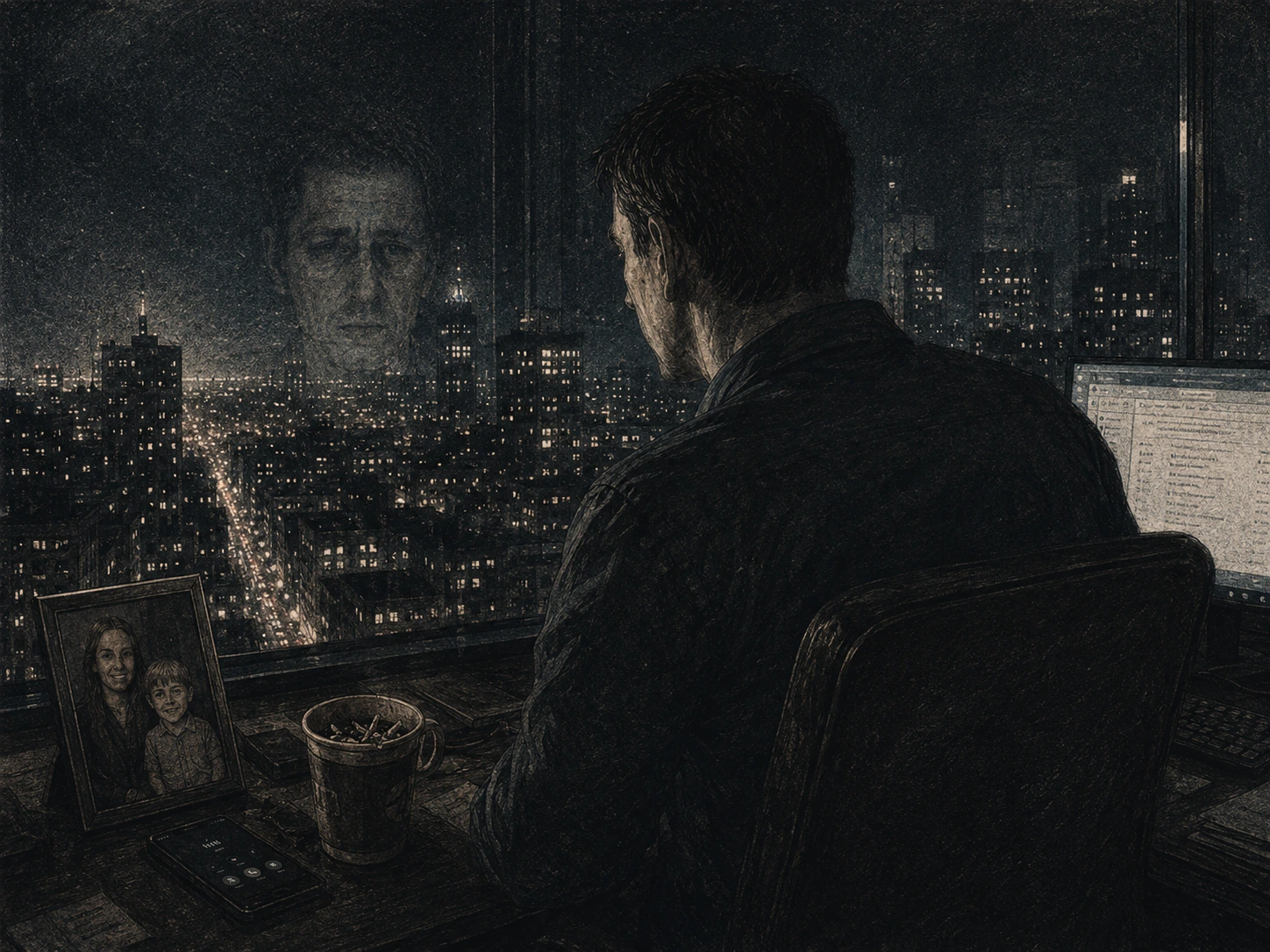 Act I interpreted in 2026: a man at an office window above the night city, reflected beside a family photograph, phone and cigarette-filled cup.