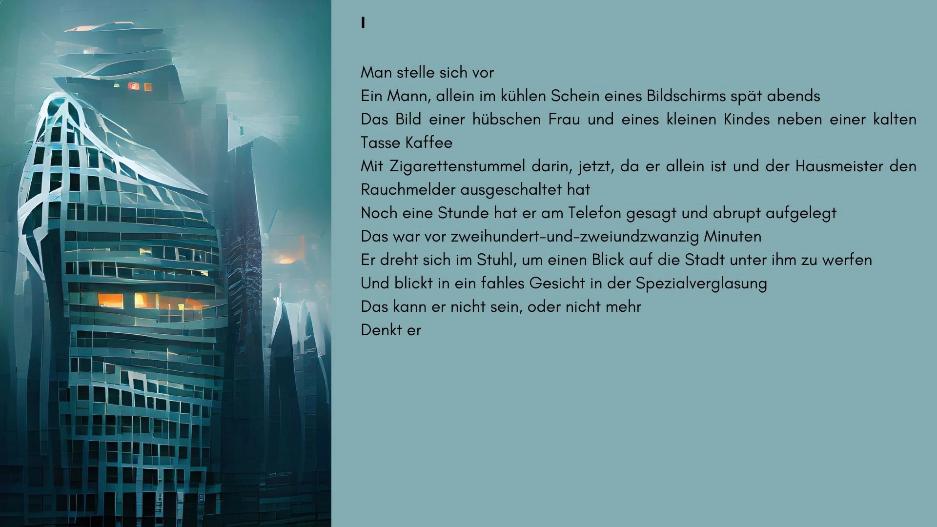 The image panel from the 2022 Act I spread: an abstract blue office tower.