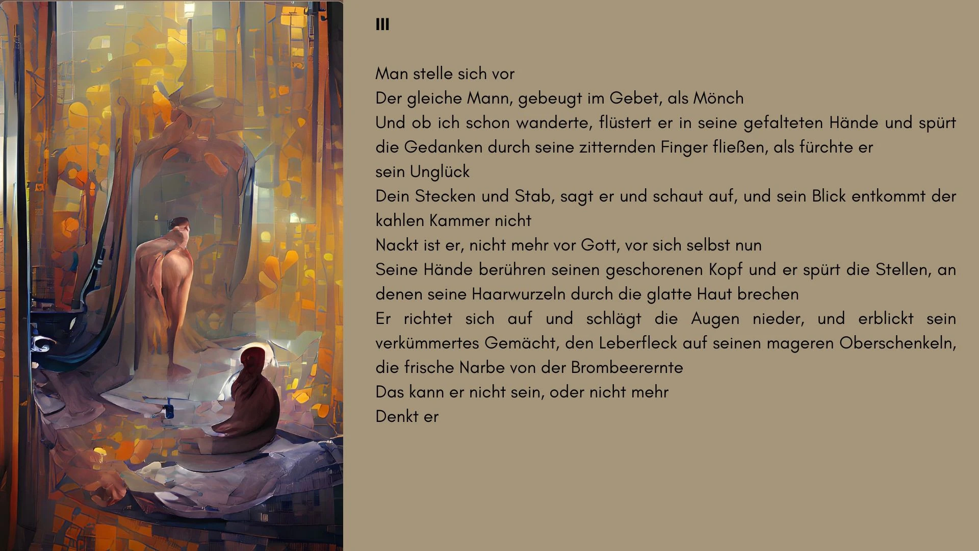 The image panel from the 2022 Act III spread: an ochre, abstract monastic scene.