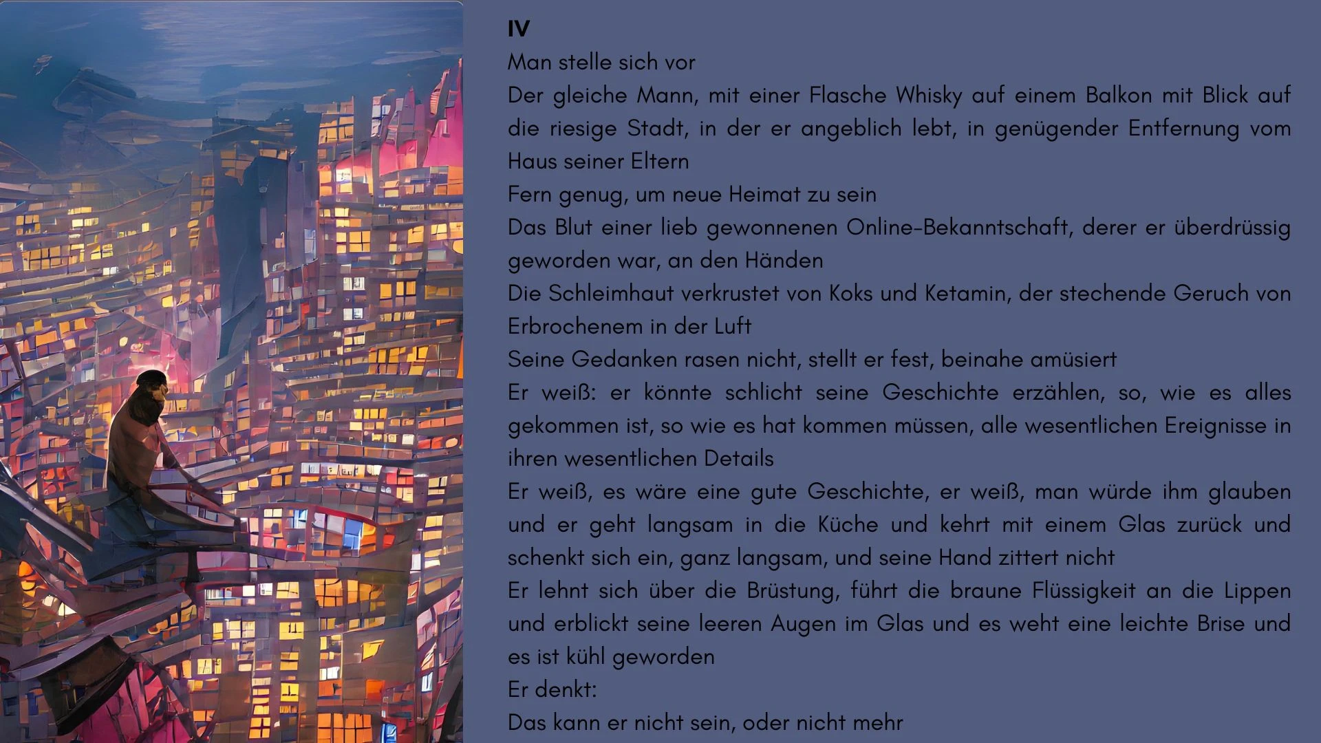 The image panel from the 2022 Act IV spread: a blue and pink balcony above a city.