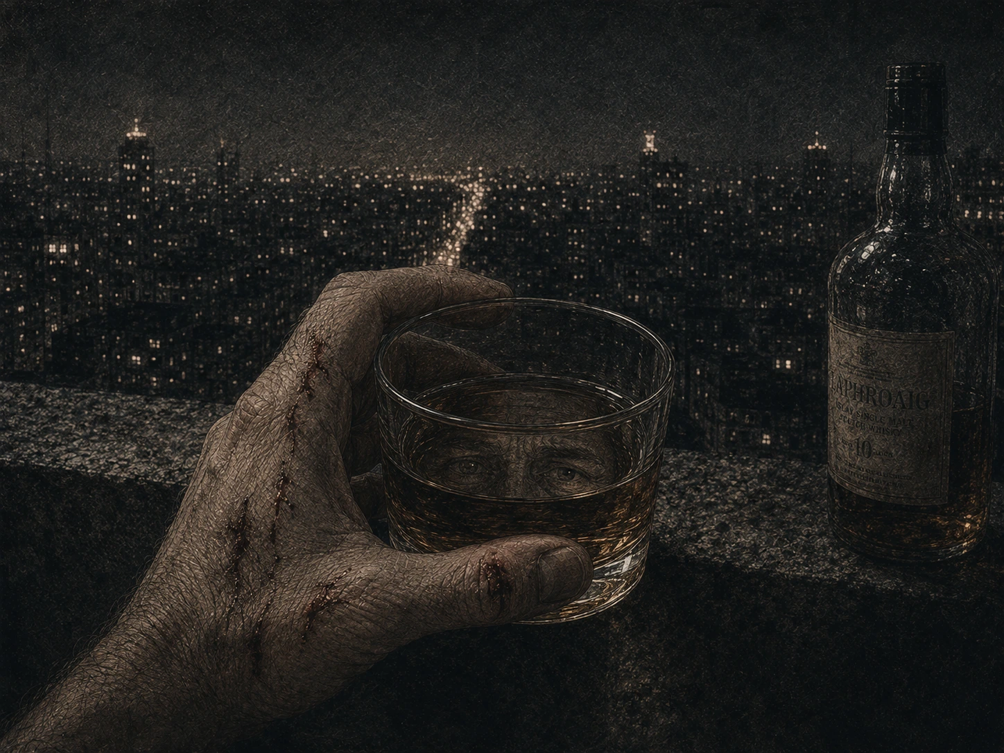 Act IV interpreted in 2026: a marked hand holds whisky above the night city while a pair of eyes appears in the glass.
