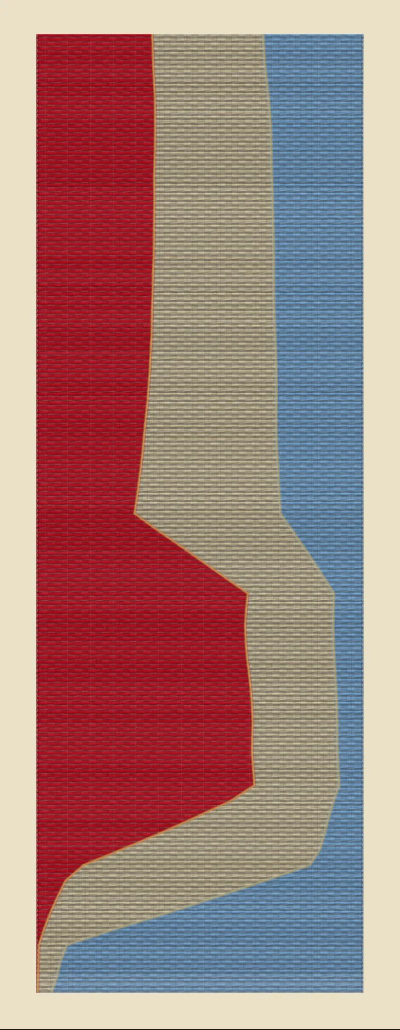A minted rooot scarf — woven red, cream and blue bands whose widths track belief across the ninety minutes.