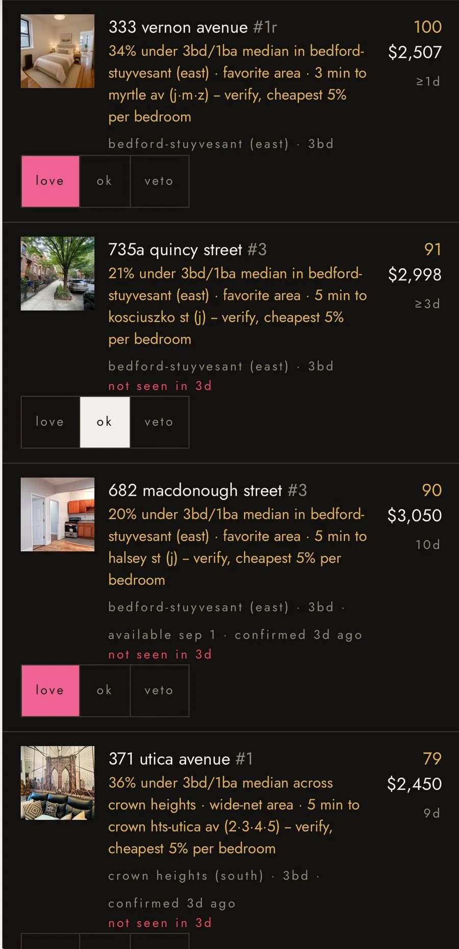The ranked shortlist — each apartment scored, with how far under the local median it sits and how long to a train.